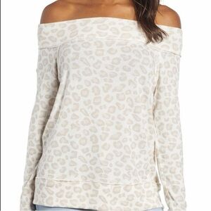 Gibson off shoulder cream leopard sweater